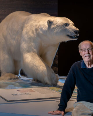 A man sits beside a lifelike polar bear exhibit in a museum. The backdrop features another bear image, creating a harmonious, contemplative atmosphere.