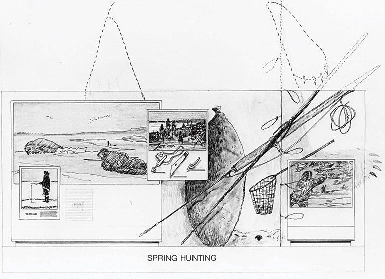 Black and white sketch titled "Spring Hunting," featuring hunting gear like spears and baskets, overlaid with scenes of hunters in nature. Tone: rustic, adventurous.