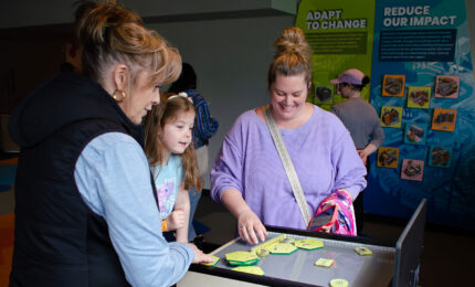 A woman and a child interact with a hands-on educational exhibit. They appear engaged and curious. Informational panels behind them discuss adaptation.