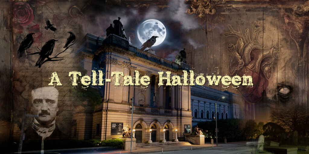 Tell Tale Heart Halloween header—image of the exterior of the Oakland campus overlayed with Halloween and Poe themed imagery.