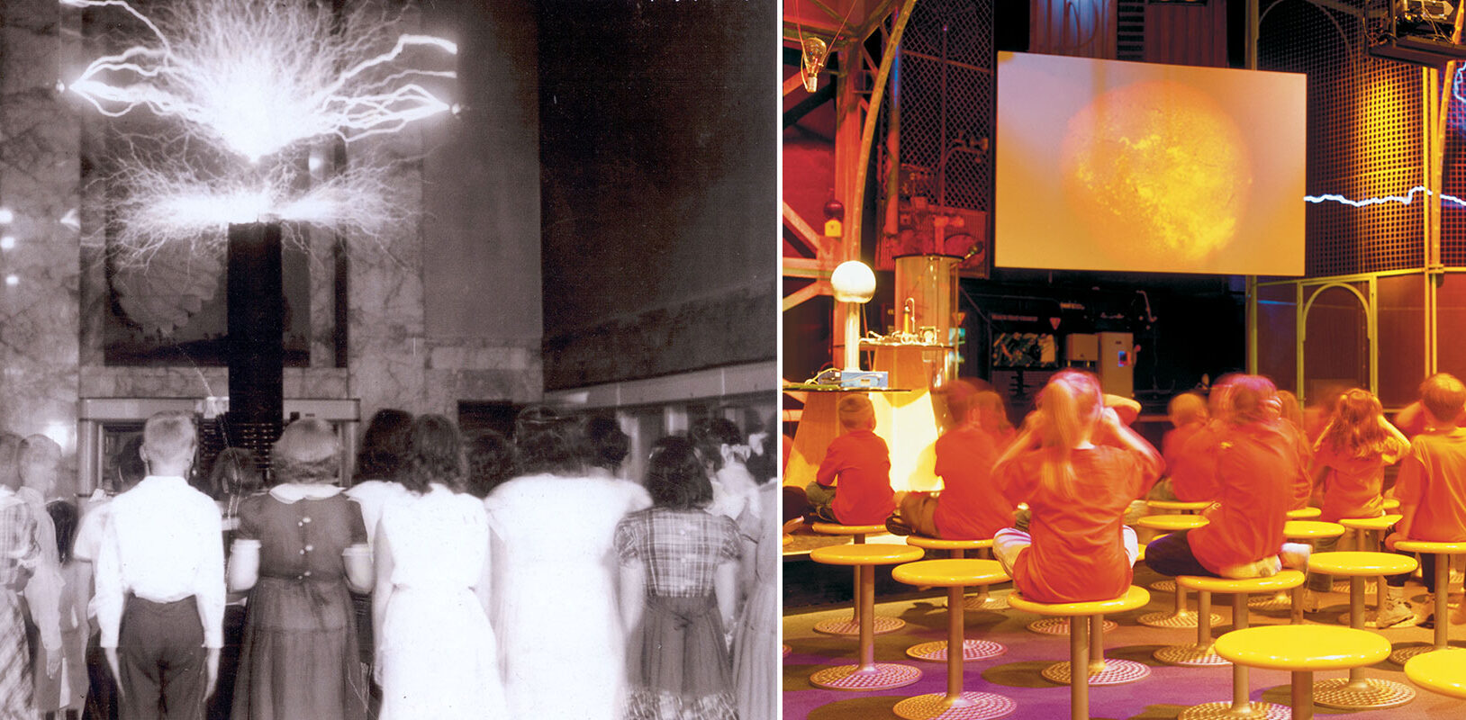 A vintage and current photo of the Tesla coil being watched by students.