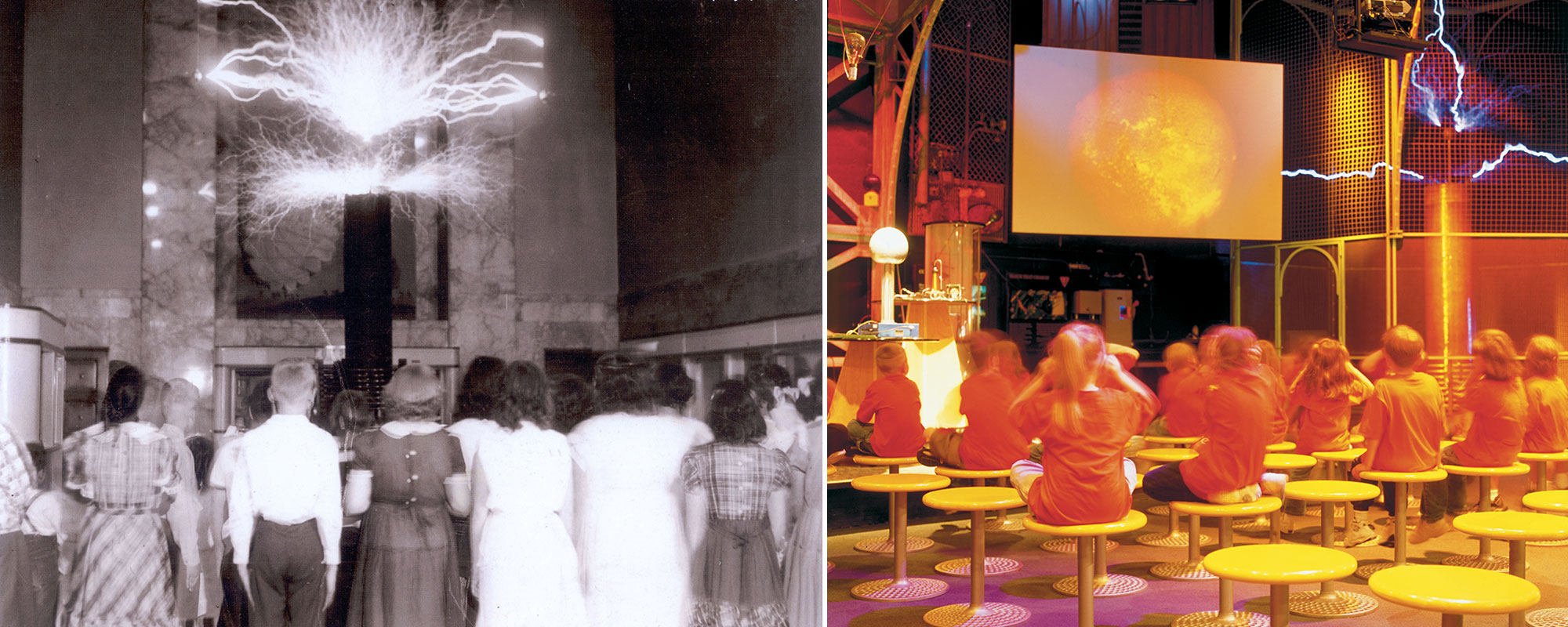 A vintage and current photo of the Tesla coil being watched by students.
