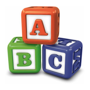 3 toy blocks stacked on top of each other with letters A, B, and C