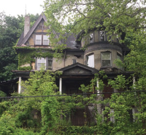 an old rundown home overgrown with trees and weeds