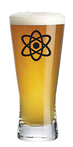 A glass of beer with the atom symbol superimposed on the glass.