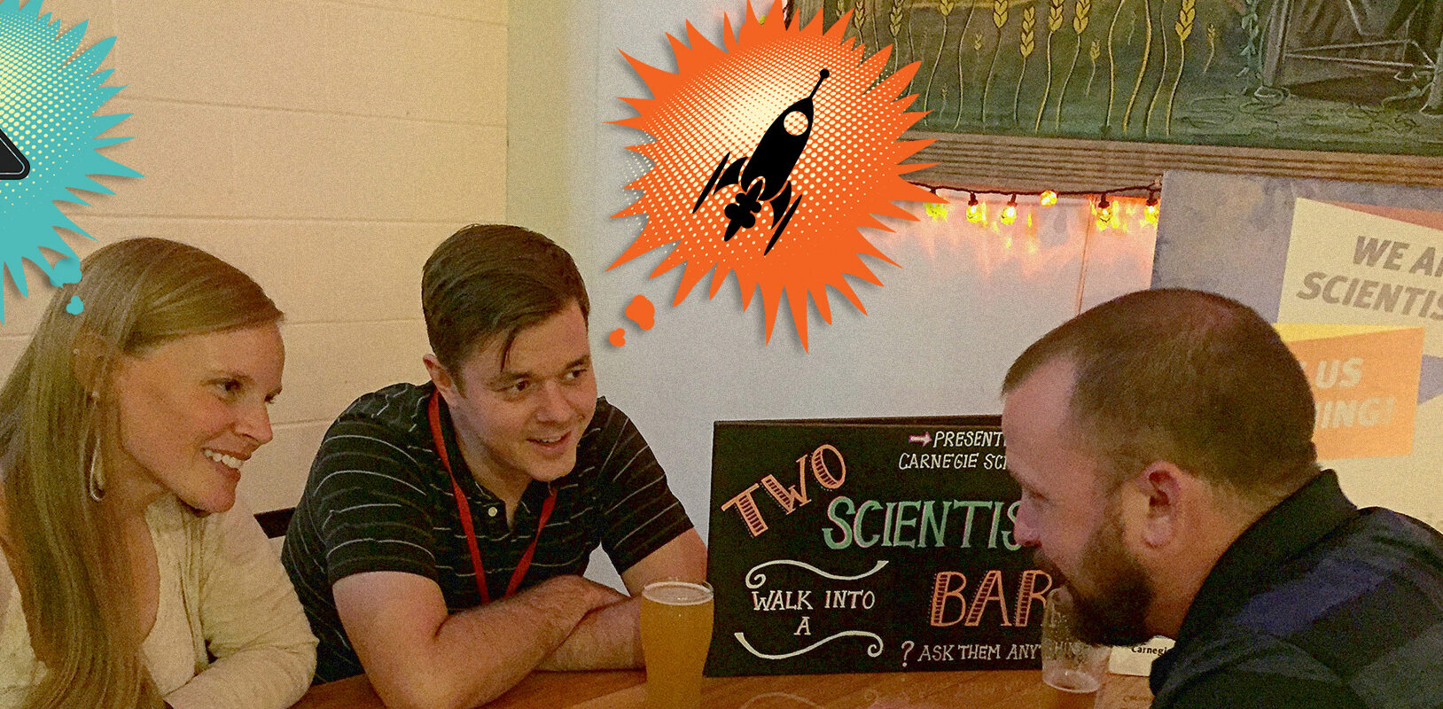Two scientists talking to a man. THe scientists have cartoon thought bubbles above their heads depicting a rocket ship and a beaker.