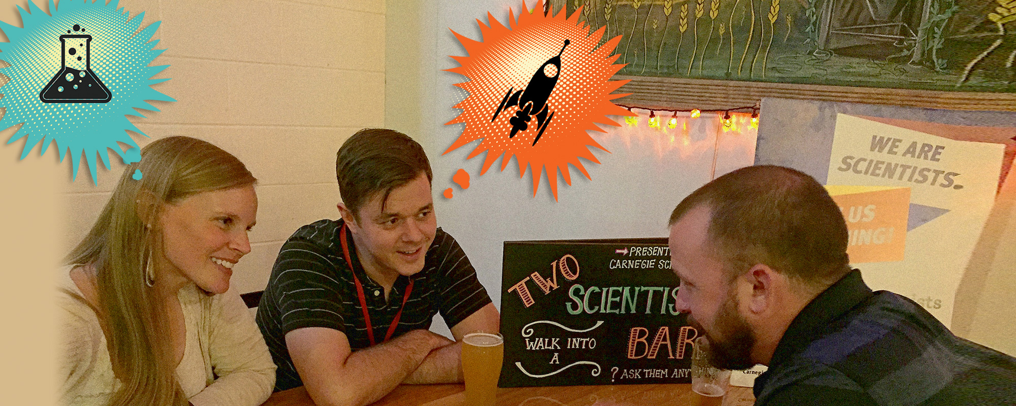 Two scientists talking to a man. THe scientists have cartoon thought bubbles above their heads depicting a rocket ship and a beaker.