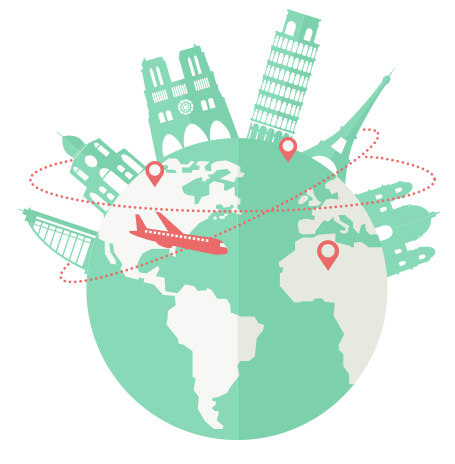 An illustration depicting a plane flighing around a globe containing various famous landmarks.