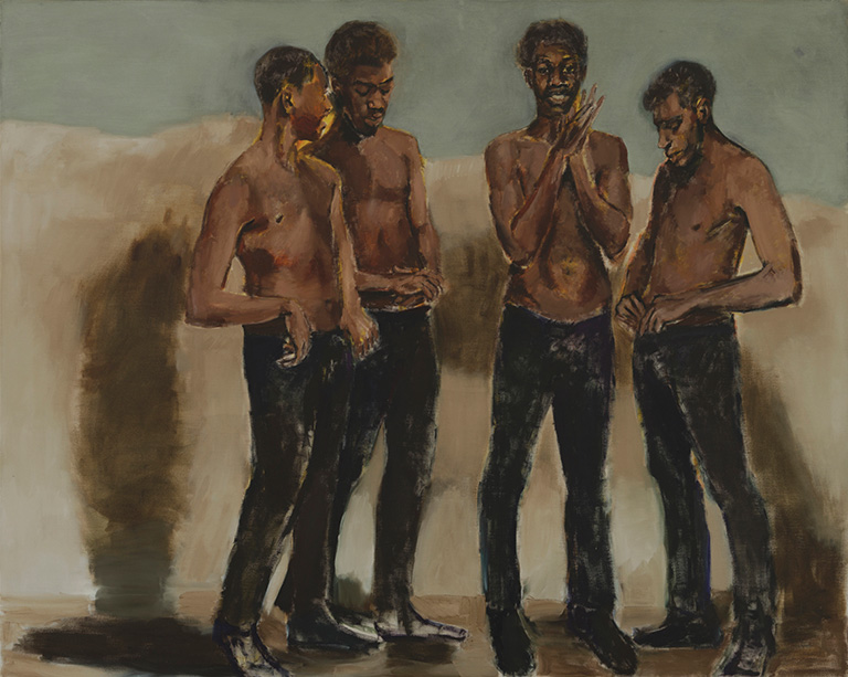 A painting of 4 shirtless african american men laughing and talking