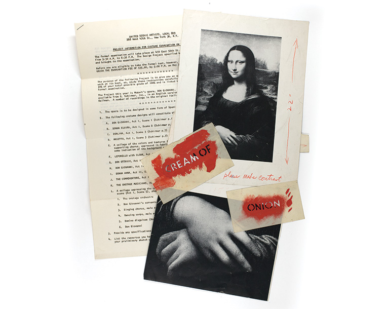 Items from one of Warhol's time capsules including Warhol’s source materials for his Mona Lisa paintings, soup can stencils, and United Scenic Artists’ examination instructions for theater costume design work.