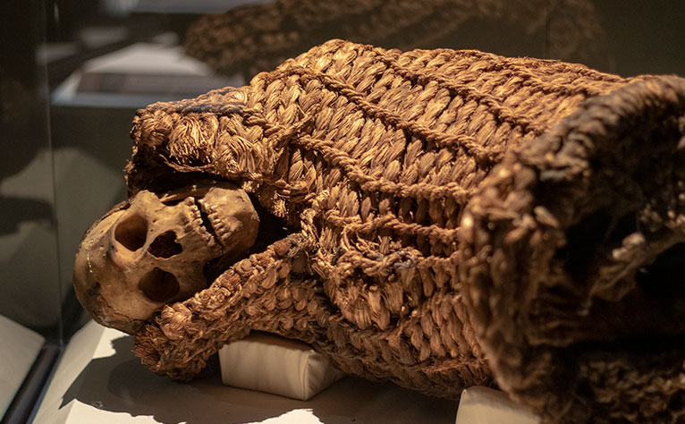 A mummified body in a weaved basket.