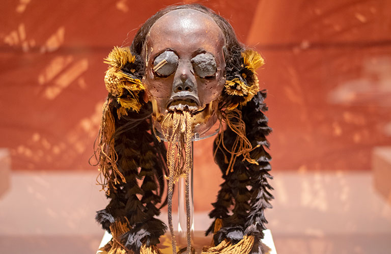 A shrunken head on a pedestal in an exhibit.
