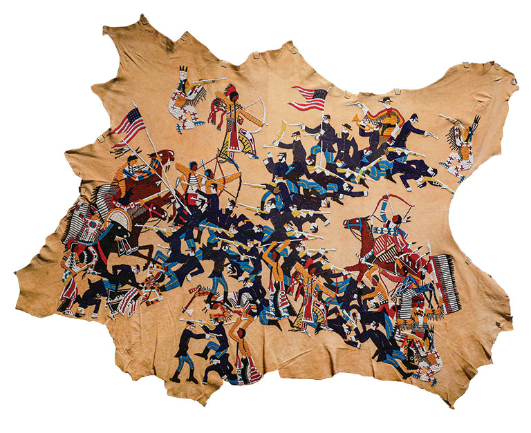 A beaded antelope hide depicting the battle of little big horn.