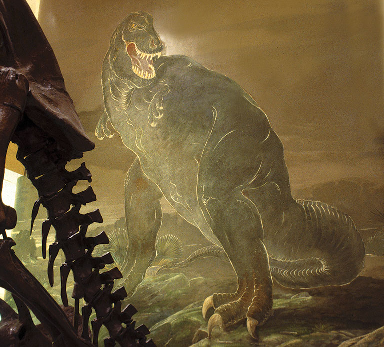A vintage mural depicting t-rex.