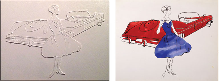 Side by side versions of a Warhol print of a woman standing next to car. One version is the actual print and the other is an embossed relief version of the artwork.