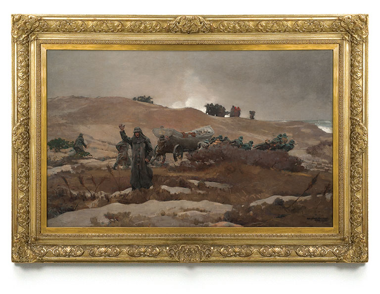 A framed painting depicting a rescue effort of a ship wreck on a sandy beach.