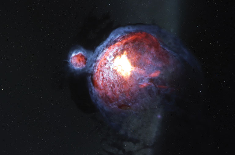 A hubble telescope view of a large red and blue mass in sapce.