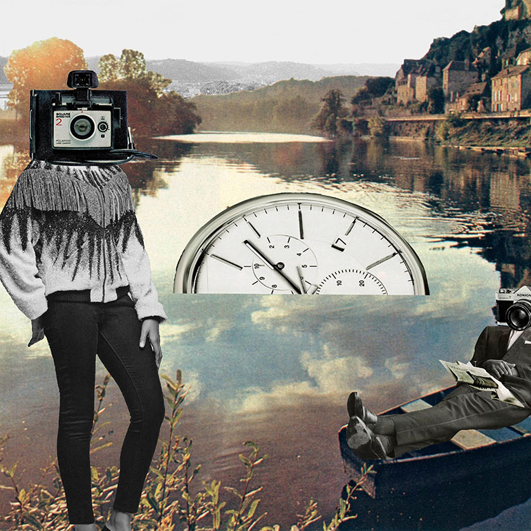 A collage showing a human body, with a camera in place of its head, a large clock, and a man in a boat with a camera in place of his head.