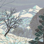 A painting of a snow scene with mountains in the background