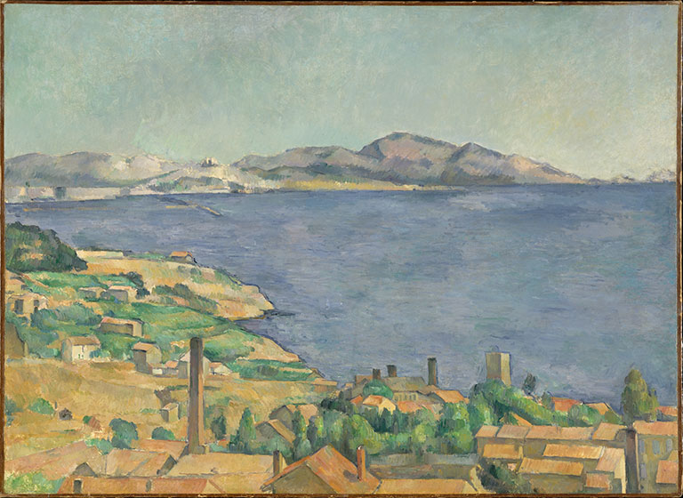 A painting of a view of a harbor