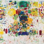 A colorful abstract painting that covers 3 canvasses