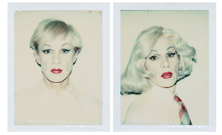 2 polaroid photos of Andy Warhol in drag