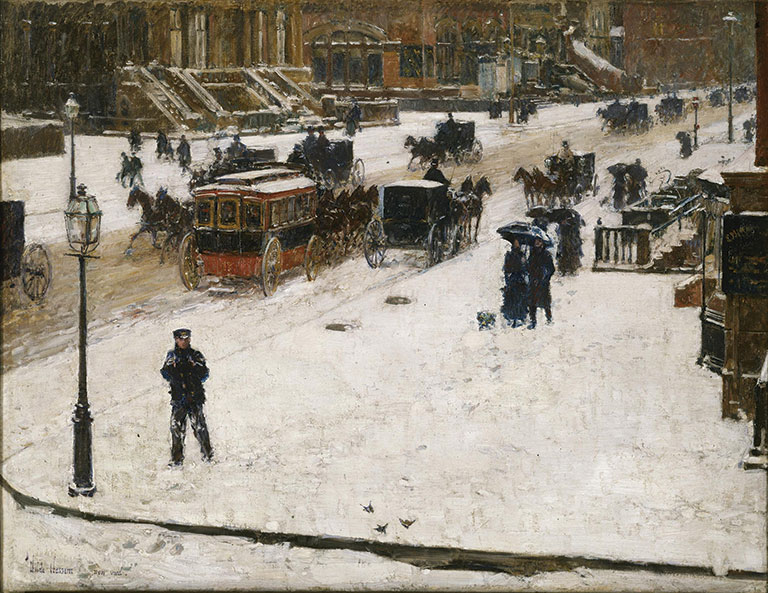 Painting depicting a snowy street scene from the late 1890s.