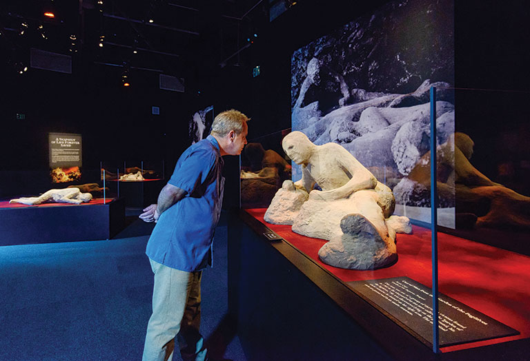 A man viewing a cast of a human body in the pompeii exhibition