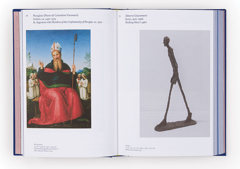 A book open to a spread showing art from a museum collection