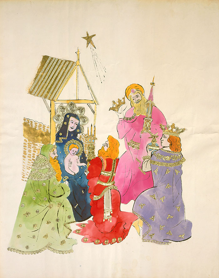 A detail of a holiday card by Andy Warhol