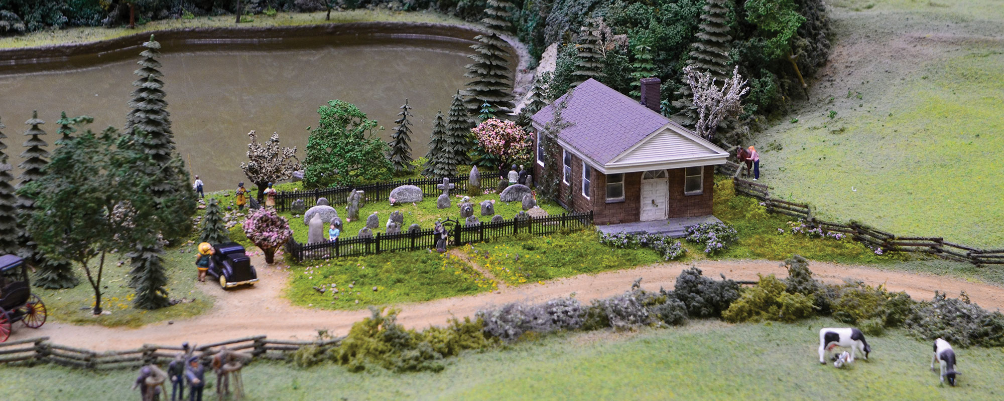 A miniature model of a graveyard and chapel