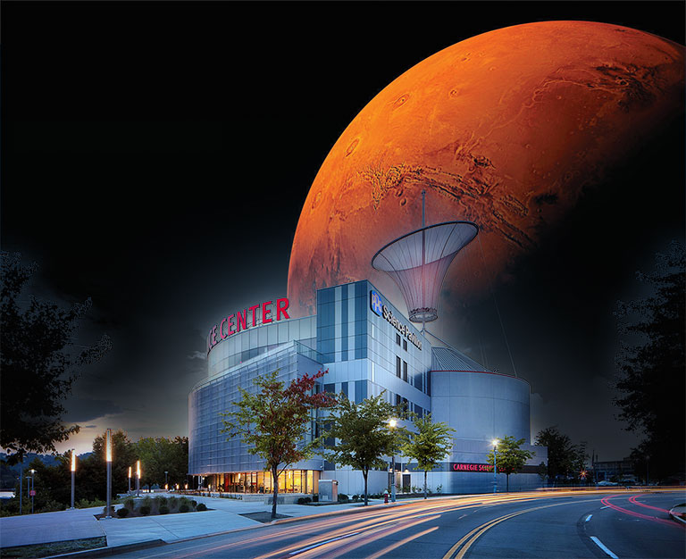 Mars superimposed behind the Carnegie Science Center