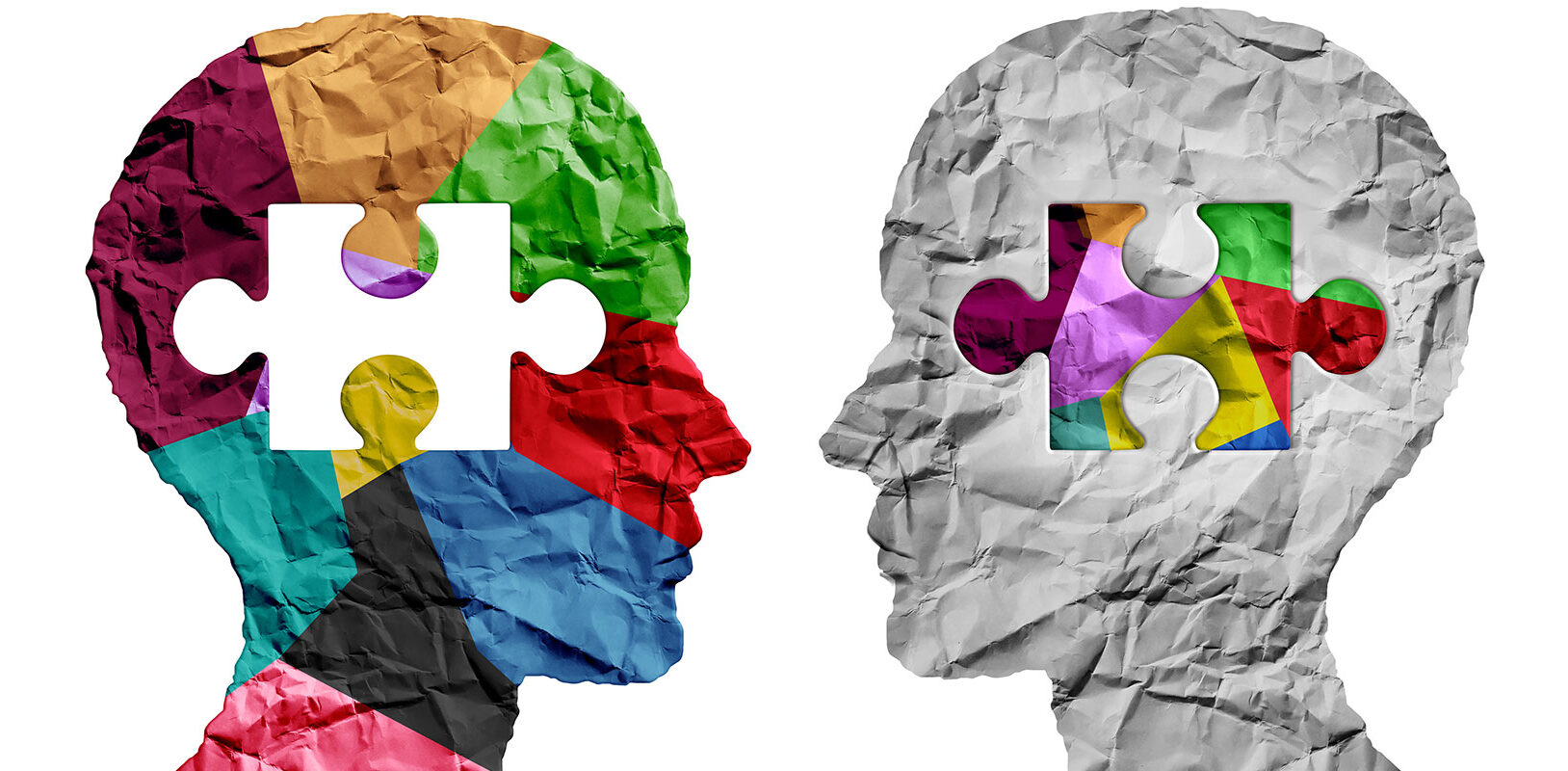 Two human head silouettes facing each other with puzzle pieces inset on them
