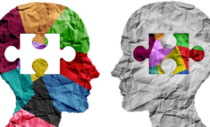 Two human head silouettes facing each other with puzzle pieces inset on them