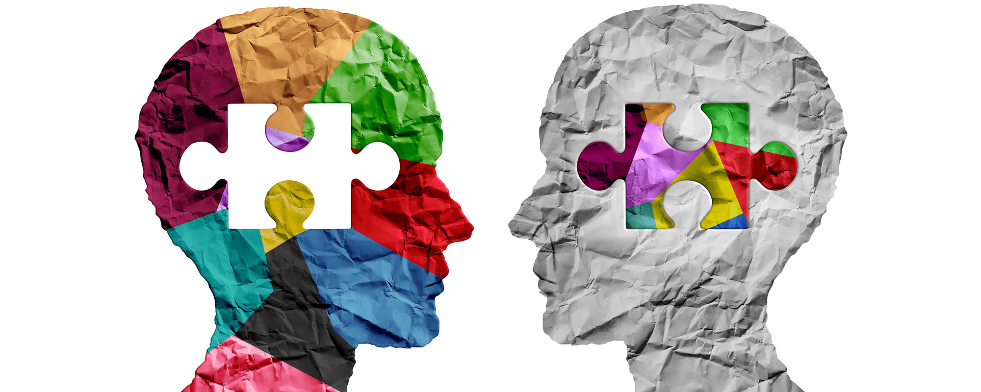 Two human head silouettes facing each other with puzzle pieces inset on them