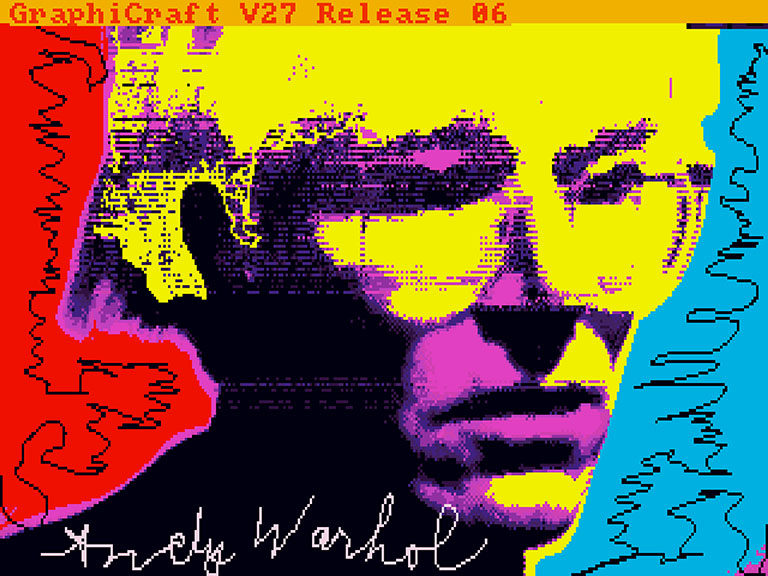 a digital portrait of Andy Warhol on an amiga computer
