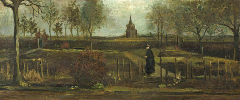 A very dark muted painting of a woman in a garden.