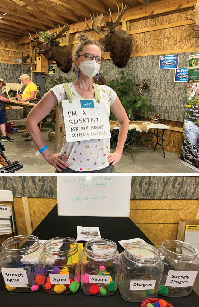 A female scientist wearing a sign that reads, I'm a scientist. Ask me about climate change. Below her photo is an image of jars of colorful pom poms.
