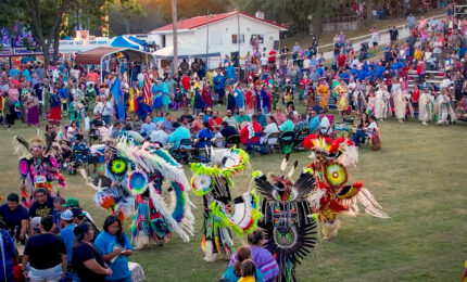 A vibrant gathering with people in colorful traditional attire, dancing and celebrating at a lively outdoor event.