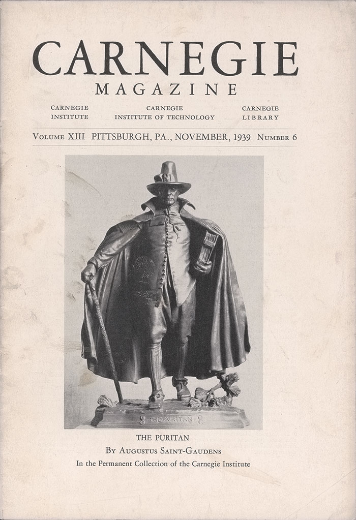Carnegie Magazine cover, November 1939. Features "The Puritan" sculpture by Augustus Saint-Gaudens. The statue exudes a solemn, historical tone.