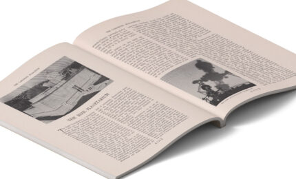Open book with text and two black-and-white photos on each page. The image conveys an informative and historical tone, with visible page curvature.