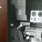 Alt text: "Two-panel image. Left: A book cover titled 'We Humans' with three overlapping silhouettes and a globe. Right: A classroom scene with students looking at a board titled 'Are You a Wizard?', displaying various shapes and objects. The classroom has a vintage feel, suggesting an educational setting, possibly from the mid-20th century."