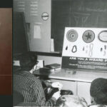 Alt text: "Two-panel image. Left: A book cover titled 'We Humans' with three overlapping silhouettes and a globe. Right: A classroom scene with students looking at a board titled 'Are You a Wizard?', displaying various shapes and objects. The classroom has a vintage feel, suggesting an educational setting, possibly from the mid-20th century."