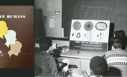 Alt text: "Two-panel image. Left: A book cover titled 'We Humans' with three overlapping silhouettes and a globe. Right: A classroom scene with students looking at a board titled 'Are You a Wizard?', displaying various shapes and objects. The classroom has a vintage feel, suggesting an educational setting, possibly from the mid-20th century."