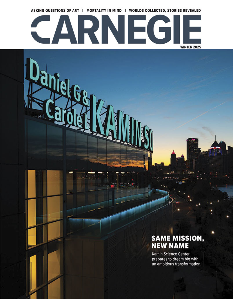 The Carnegie magazine cover features the Kamin Science Center illuminated at dusk, highlighting its new name and ambitious transformation.