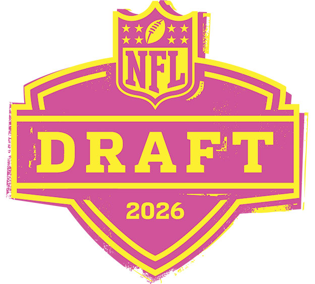 Bold pink and yellow NFL Draft 2026 logo with a football emblem on top; a dynamic and energetic design conveying anticipation and excitement.