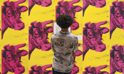 A person with curly hair, wearing a patterned shirt, observes a vibrant art piece of pink cow heads against a bright yellow background, evoking curiosity.