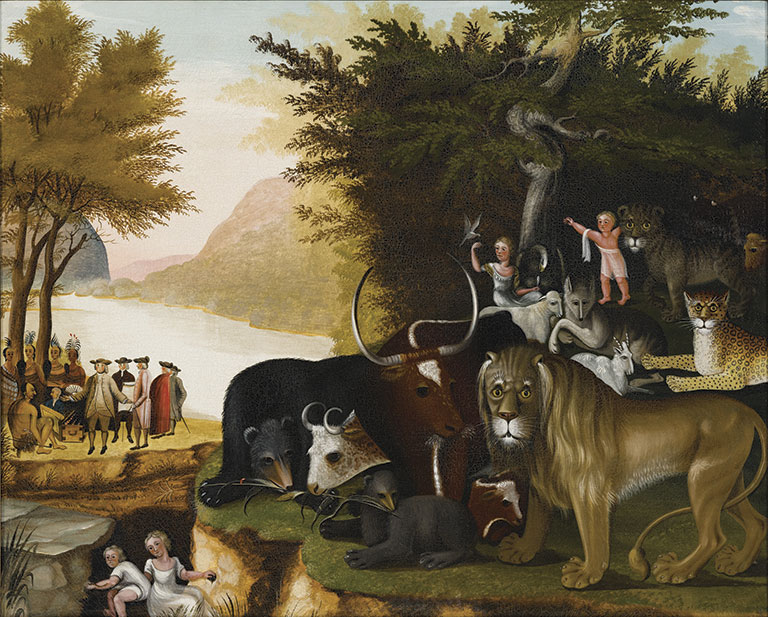 A pastoral scene with diverse animals, including a lion and a leopard, and two children among them. On the left, people gather by a river under trees.