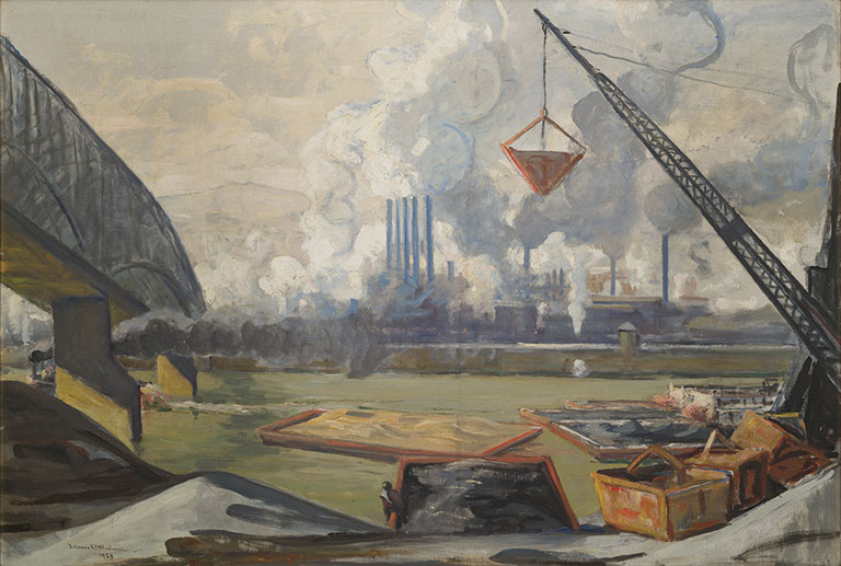 Industrial landscape painting depicting a bridge, crane, and smokestacks releasing smoke. The scene conveys industrial progress and urban growth.