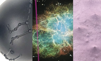 Three vertical panels: a black sphere with embossed constellation, a colorful nebula with vibrant swirls, and a textured purple surface resembling topography.